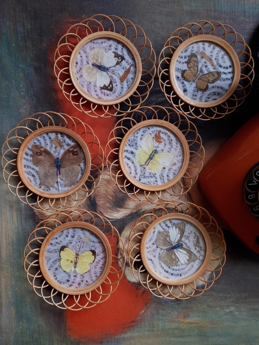 Set of 6 Vintage Butterfly Coasters behind Glass in Rattan Frames